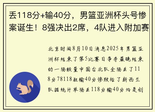 丢118分+输40分，男篮亚洲杯头号惨案诞生！8强决出2席，4队进入附加赛