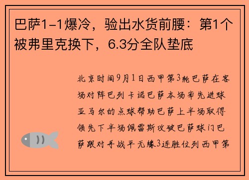 巴萨1-1爆冷，验出水货前腰：第1个被弗里克换下，6.3分全队垫底